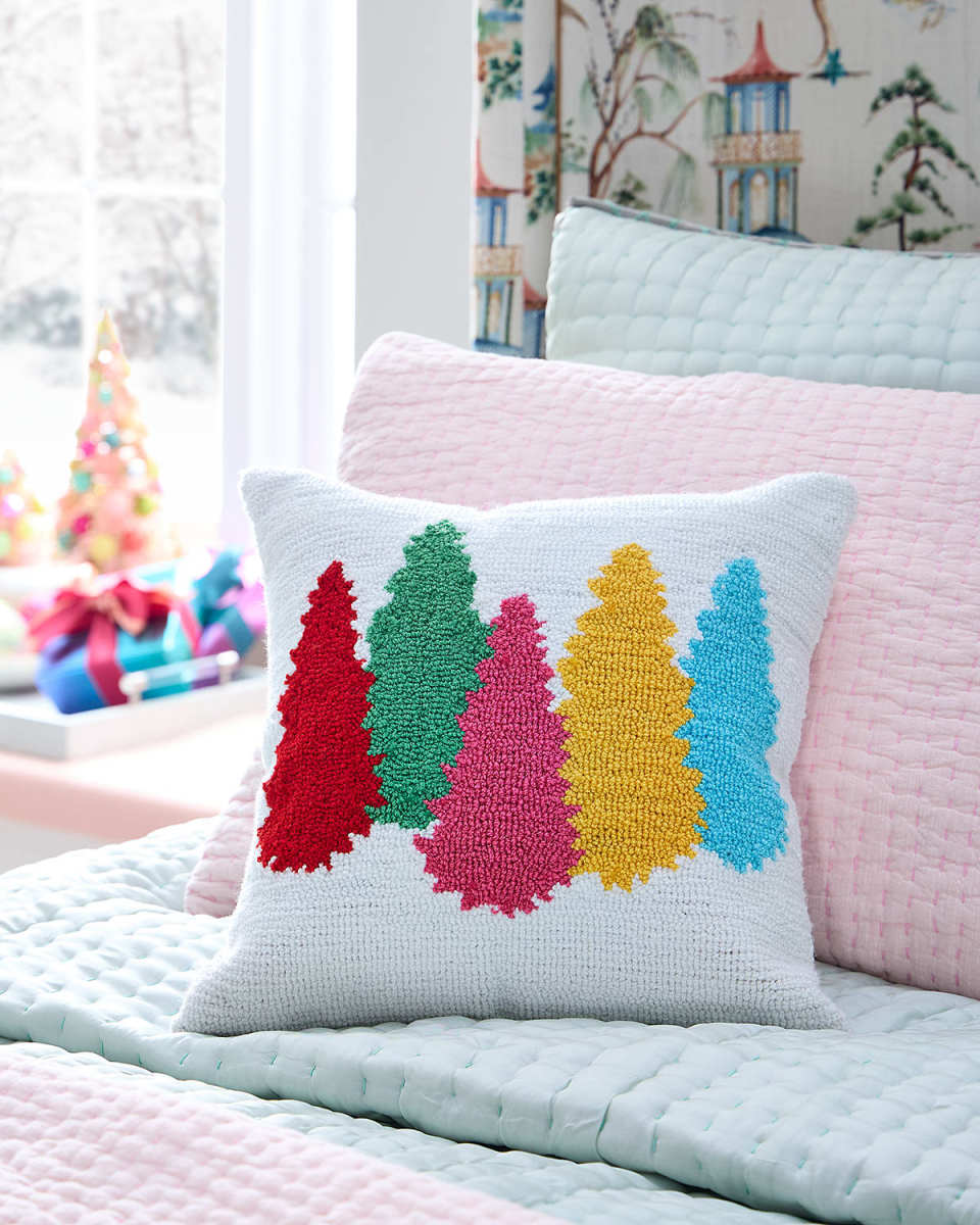 Colorful Christmas Trees Hooked Pillow, 18"